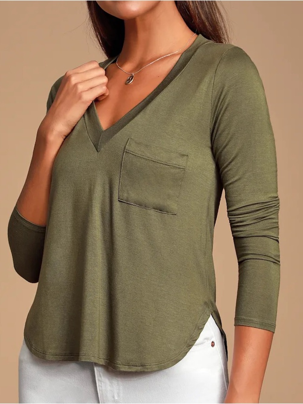 Lulus Ellie V-Neck Long Sleeve Top Olive Green Size Medium